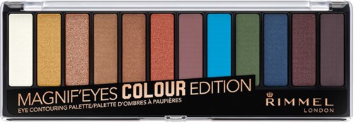 Een oogschaduwpalette met tien kleuren in goud, bruin, oranje, blauw, groen en paars, genaamd Magnif'Eyes Colour Edition.