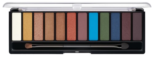 Een kleurrijk make-up palette met tien oogschaduwtinten in een zwarte doos, inclusief goud, bruin, blauw, groen en paars.