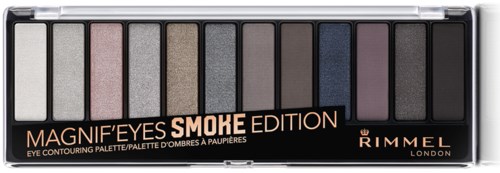 Een oogschaduwpalette met verschillende tinten in een zwart geval, getiteld 'Magnif'Eyes Smoke Edition' door Rimmel London.