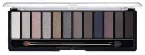 Een make-uppalette met 12 oogschaduwkleuren en een kleine kwast in een zwart doosje.