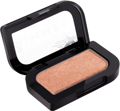 En persikfärgad glitterögonskugga i en liten svart kompakt med en spegel.