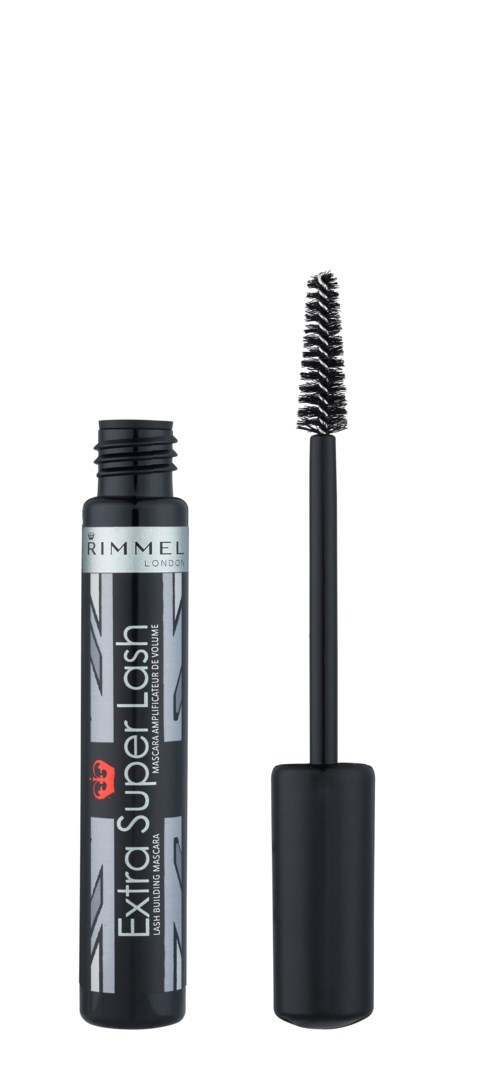 Ein Mascara-Tube mit Bürste, beschriftet Rimmel Extra Super Lash, ohne Deckel, der die Bürste zeigt.
