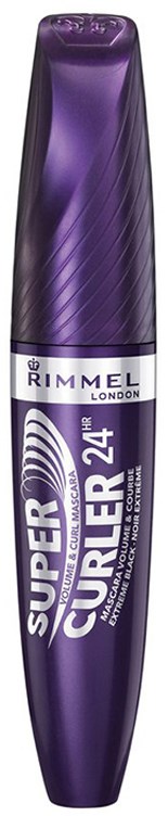 Lila mascara flaska med silver och vit etikett med texten Rimmel Super Curler 24h.