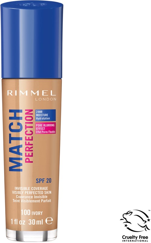 En flaske av Rimmel foundation med blå lokk og beige kropp. Den gir 24-timers fuktighet og SPF 20.