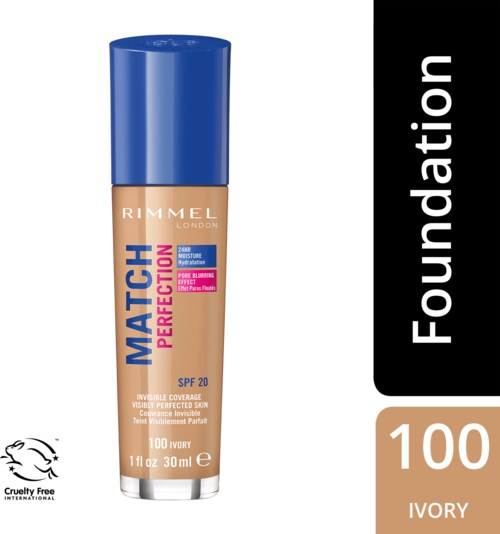 En flaske Rimmel London Match Perfection foundation i ivory nyanse med SPF 20, med beige og rosa etikett.