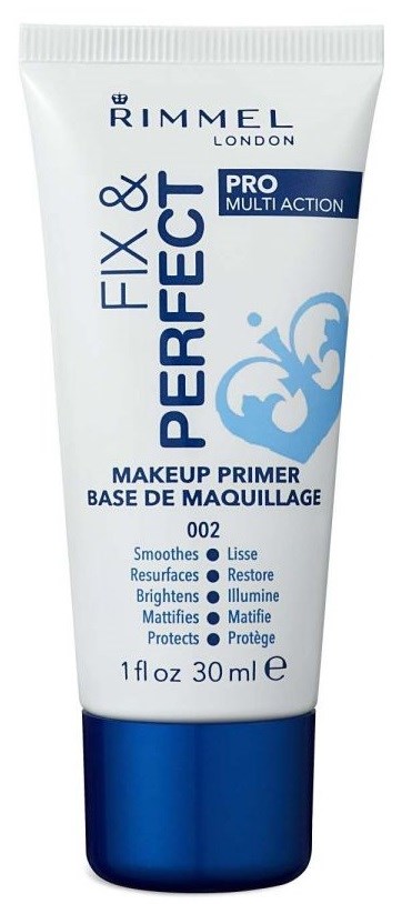 Rimmel London Fix & Perfect Pro Multi Action makeup primer in a white tube with blue accents.