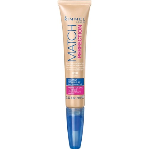 Tuba z korektorem Rimmel London Match Perfection z niebieską zakrętką, zawiera witaminę C i E, poprawia wygląd skóry.