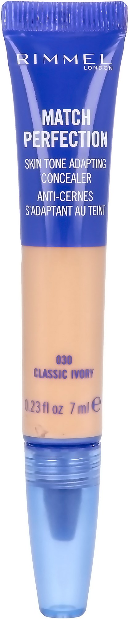 Niebieska tubka Rimmel Match Perfection korektora z beżową zawartością.