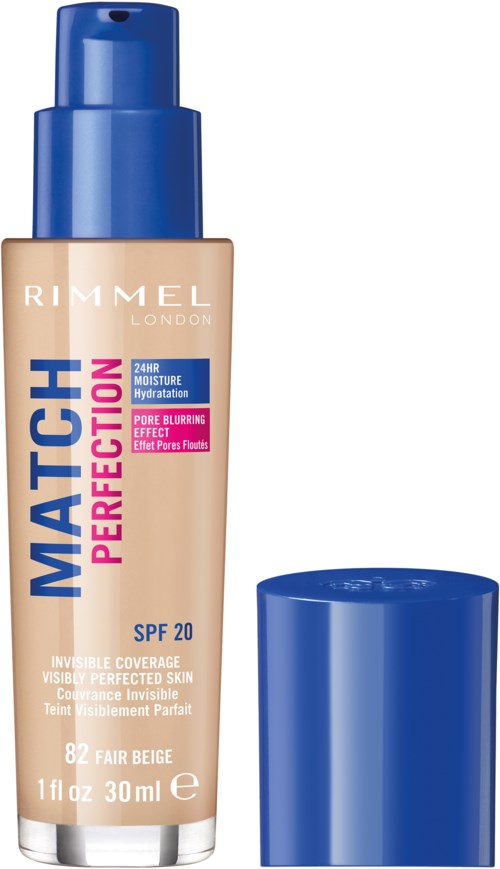 En beige foundationsflaska med blå lock och pump, visar märkesnamn och SPF 20 för hudtäckning.