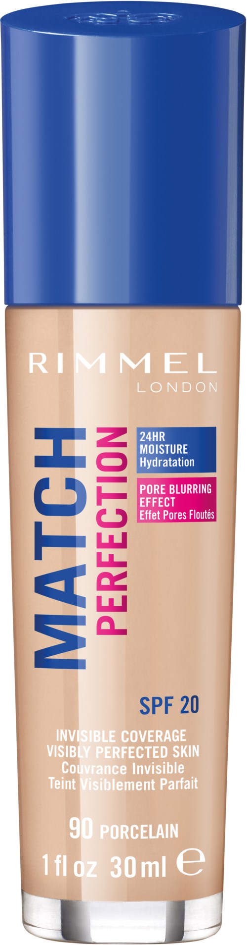 En flaska Rimmel Match Perfection foundation med SPF 20 och blå kork på svart bakgrund.