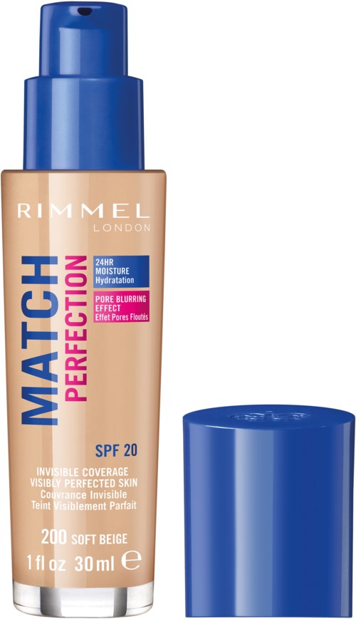 En tub med Rimmel Match Perfection foundation med blått lock, SPF 20, i ljusbeige, för hudtäckning.