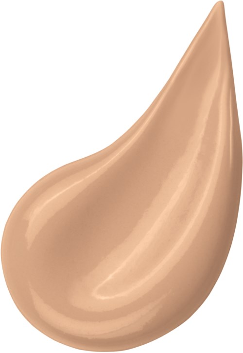 En dråpeformet klump av beige væske, jevn og skinnende, med spiss tupp og rund bunn.