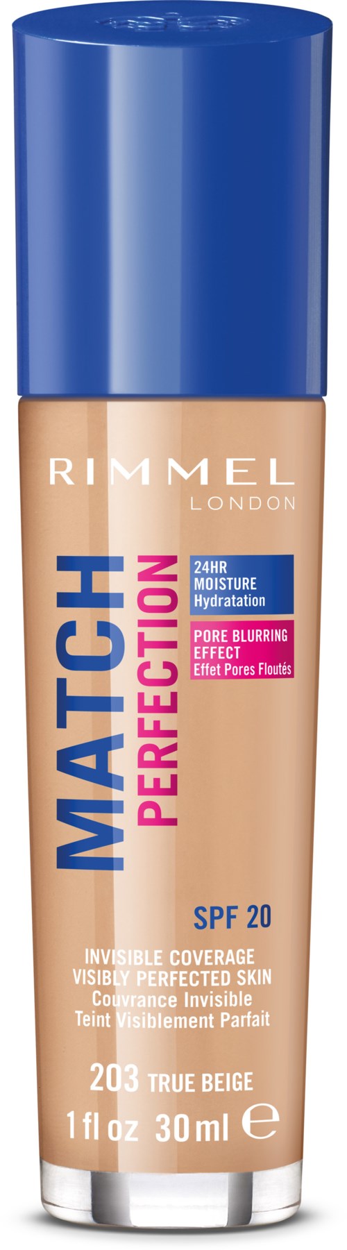 En flaska av Rimmel Match Perfection concealer med SPF 20 i nyansen True Beige, 30 ml, för slät hud.