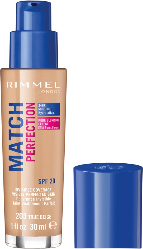 En flaska Rimmel Match Perfection foundation med blått lock och beige pump, märkt SPF 20 för perfekt hud.