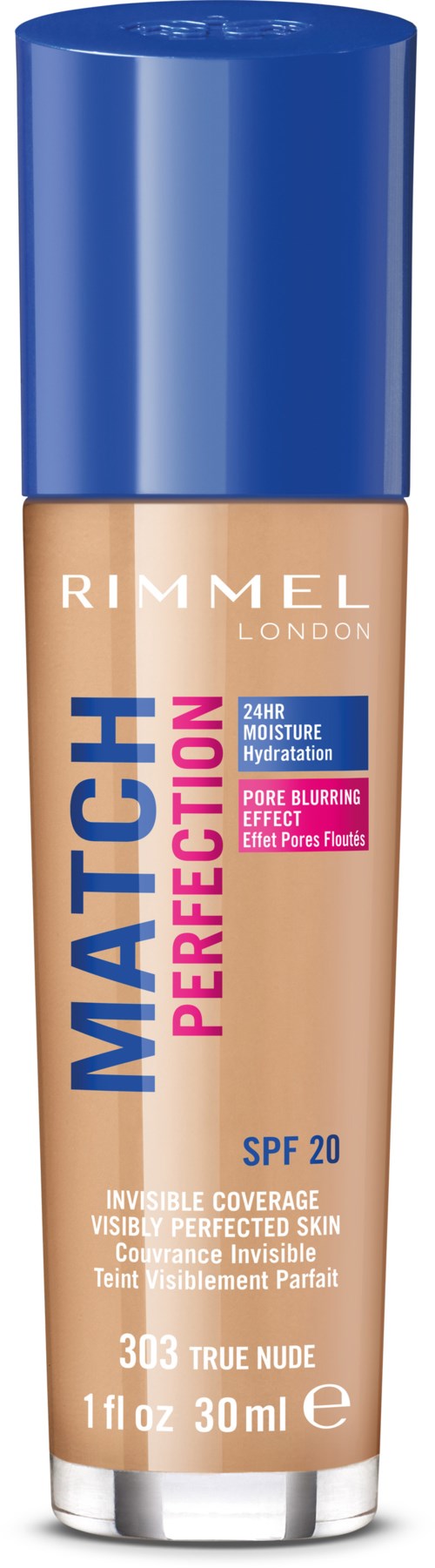 En flaska Rimmel Match Perfection Foundation med SPF 20 i nyansen 303 True Nude.