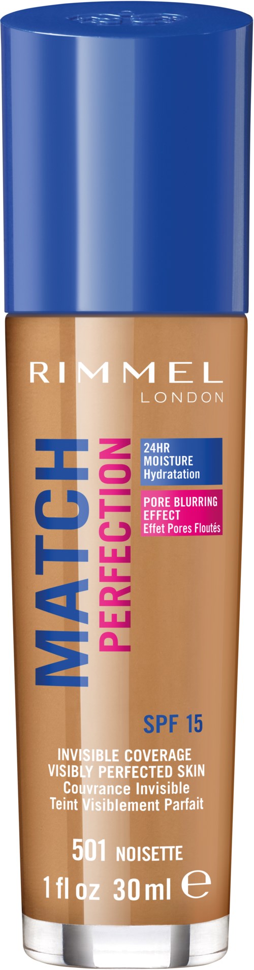 Butelka podkładu oznaczona 'Match Perfection' firmy Rimmel z SPF 15, niebieska nakrętka i beżowa ciecz widoczna wewnątrz.
