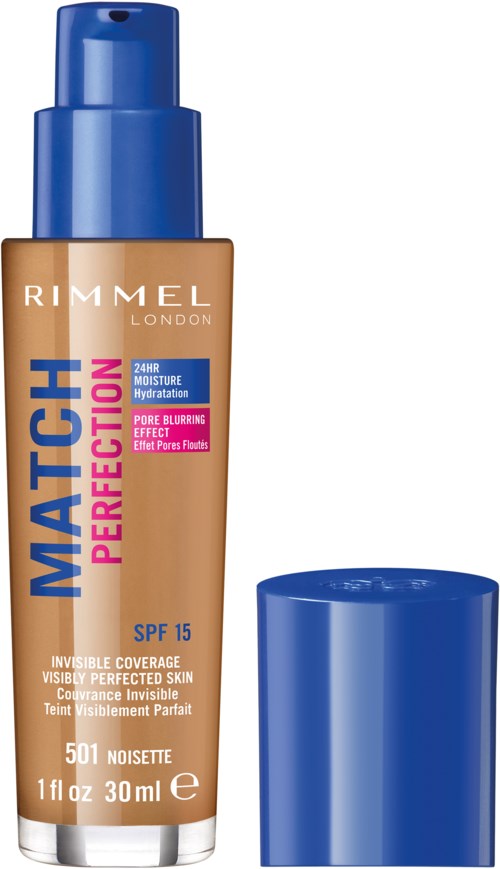 Butelka podkładu Rimmel Match Perfection z niebieską nakrętką i beżową butelką, oznaczona do zakrycia skóry i SPF 15.
