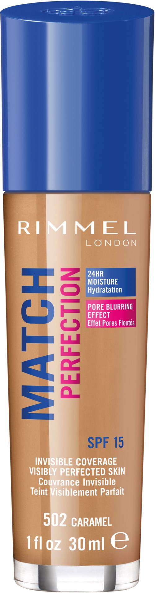 En flaska foundation från Rimmel London med blå lock, märkt för perfekt matchning, återfuktning och SPF 15.