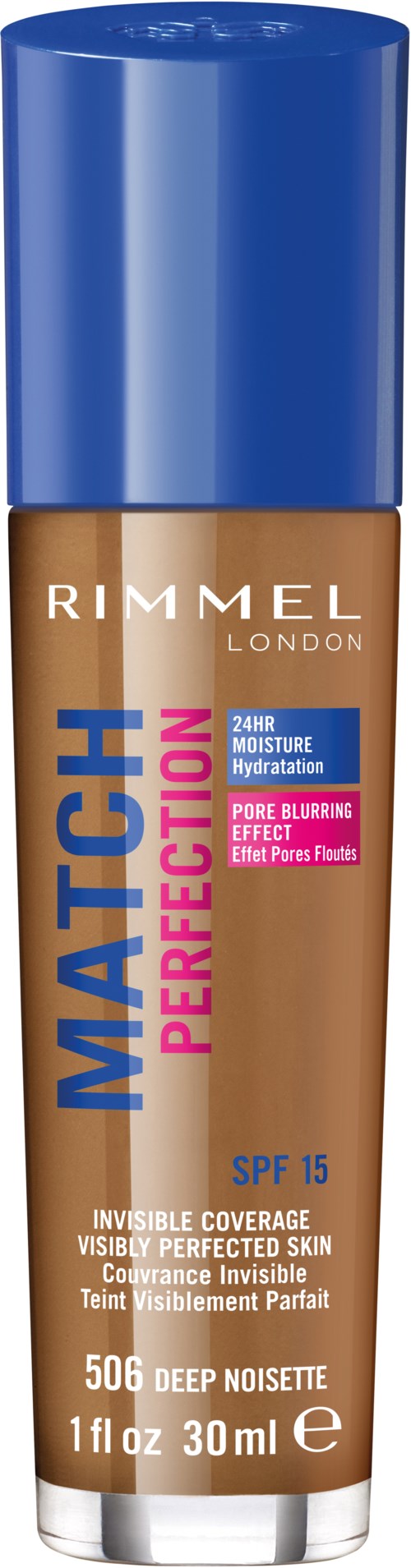 En Rimmel London Match Perfection foundationflaska med SPF 15 och blå kork, i en klar tube som visar hudnyans.