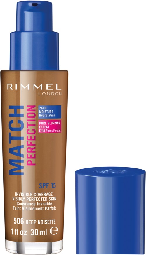 En flaska Rimmel Match Perfection foundation med blå lock och pump. Ger 24 timmars fukt och SPF 15-skydd.