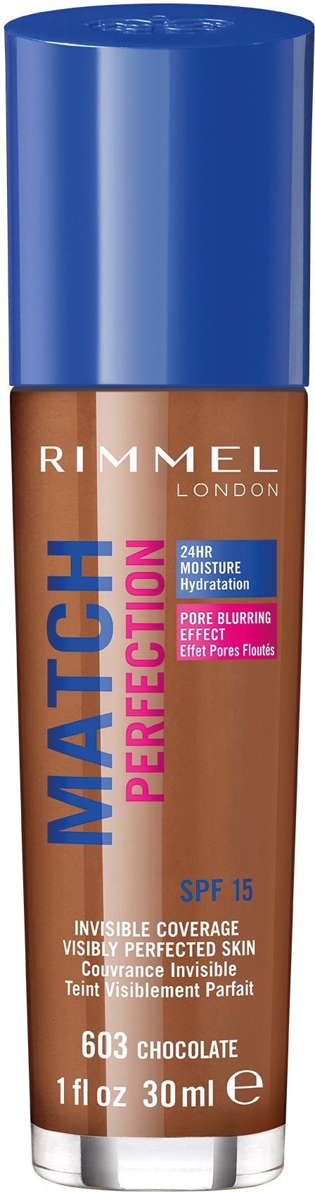 En Rimmel London concealer flaska med blå kork, märkt för särskild hudtäckning, 30 ml, i chokladnyans.