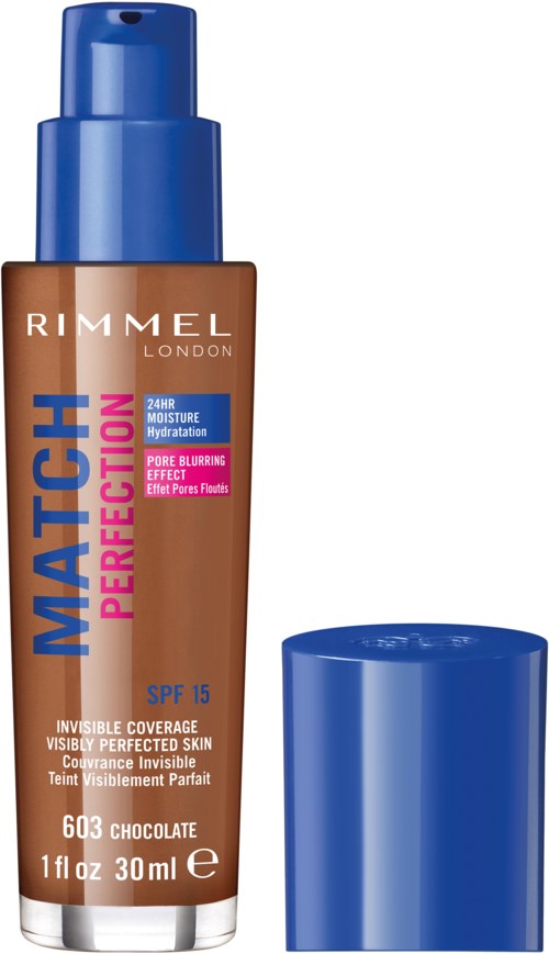 En flaska av Rimmel foundation med blå lock, märkt för perfekt täckning och SPF 15, i nyansen 603 Chocolate.