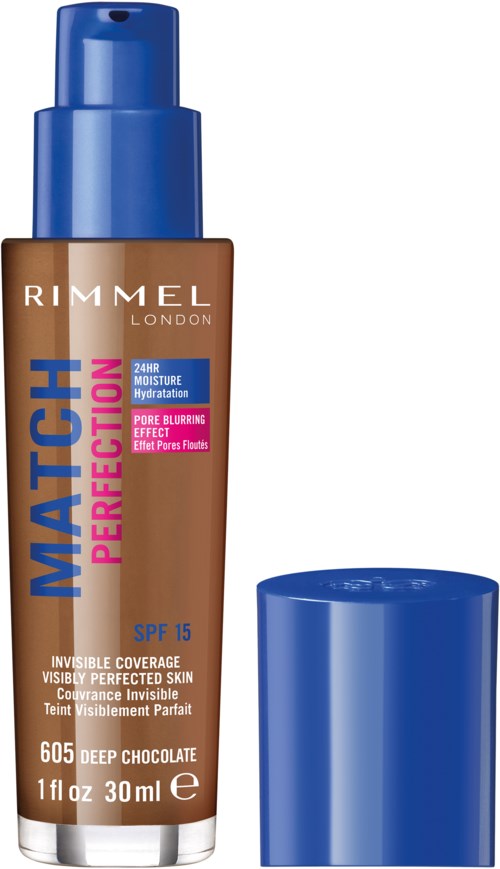 En flaska av Rimmel Match Perfection foundation med blått lock och pump, i nyansen Deep Chocolate, SPF 15.