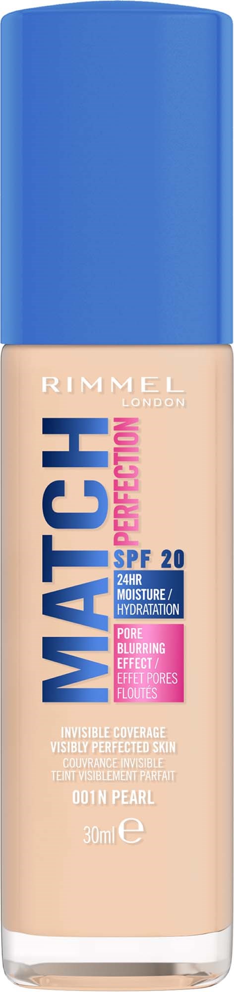 Flasche mit Rimmel Match Perfect Foundation mit SPF 20 in Beige, blauer Verschluss.