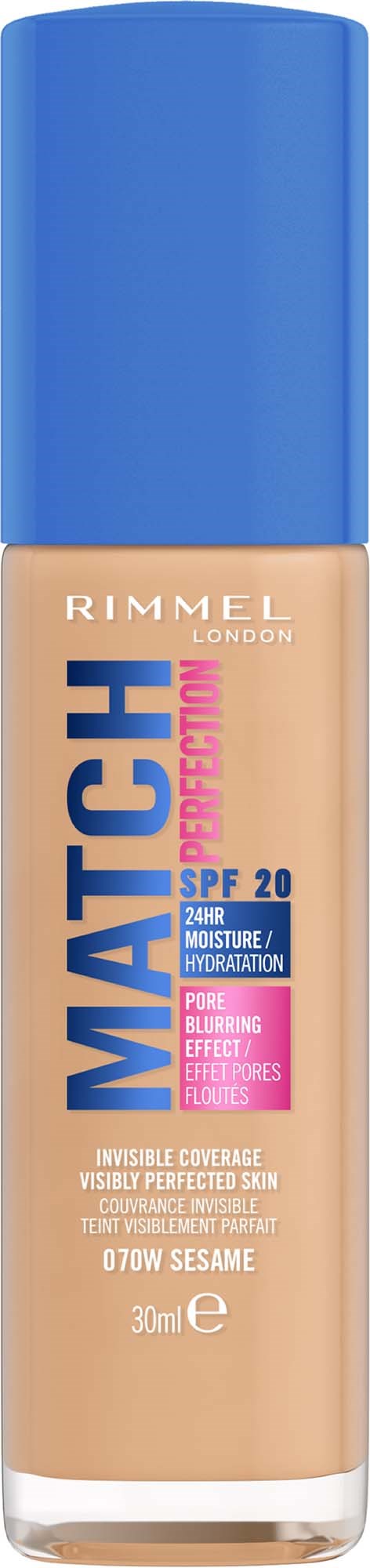 Rimmel Match Perfect Foundationsflasche mit blauer Kappe, beige Flüssigkeit, SPF 20. Enthält 30ml.