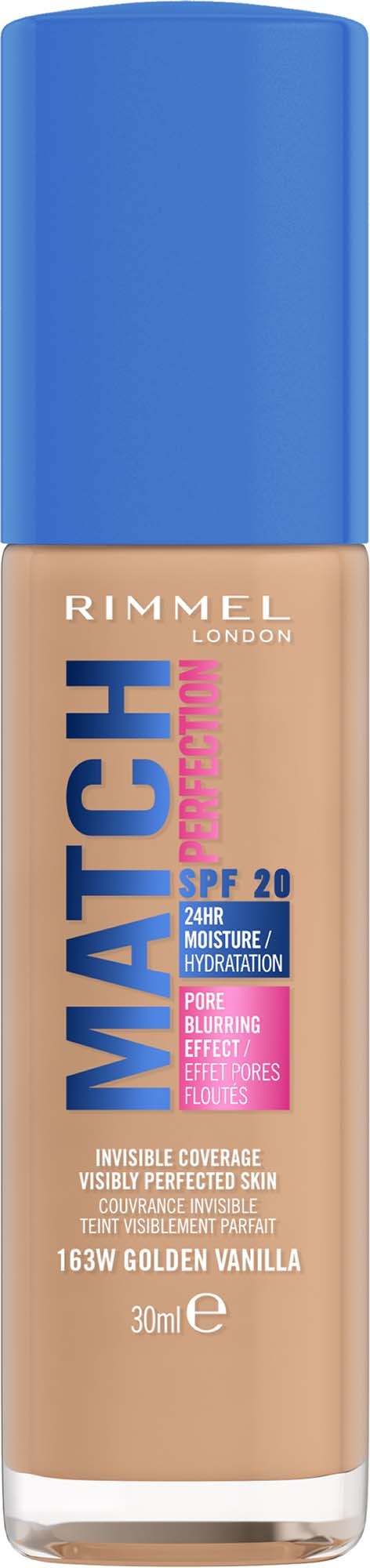 Rimmel Match Perfect Foundationflasche mit blauer Kappe, beige Flüssigkeit und Etikett mit SPF 20, golden Vanille Farbton.