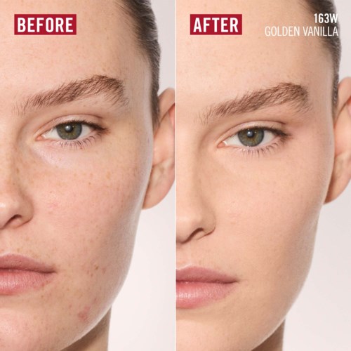 Vergleich eines Frauen Gesichts vor und nach Anwendung eines Hautpflegeprodukts, mit 'Before' und 'After' Beschriftungen.