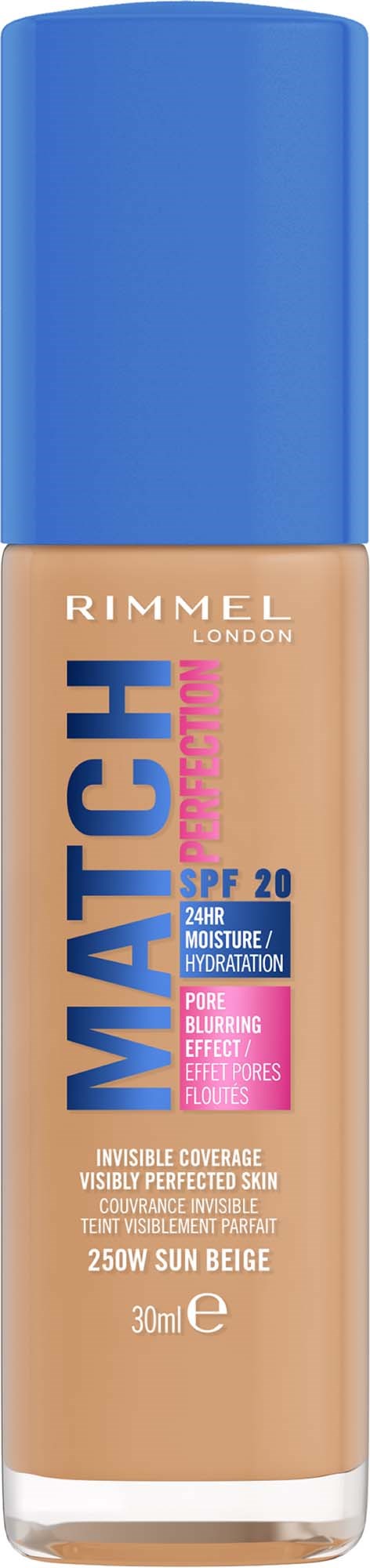 Rimmel Match Perfect Flasche mit blauer Kappe, beigefarbene Flüssigkeit, SPF 20, 30 ml, für Hautabdeckung und Feuchtigkeit.