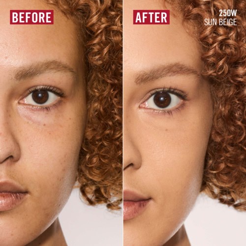 Vorher-Nachher Nahaufnahme eines Frauen Gesichts mit Hautverbesserung durch Make-up oder Hautpflege, lockiges Haar, neutraler Hintergrund.