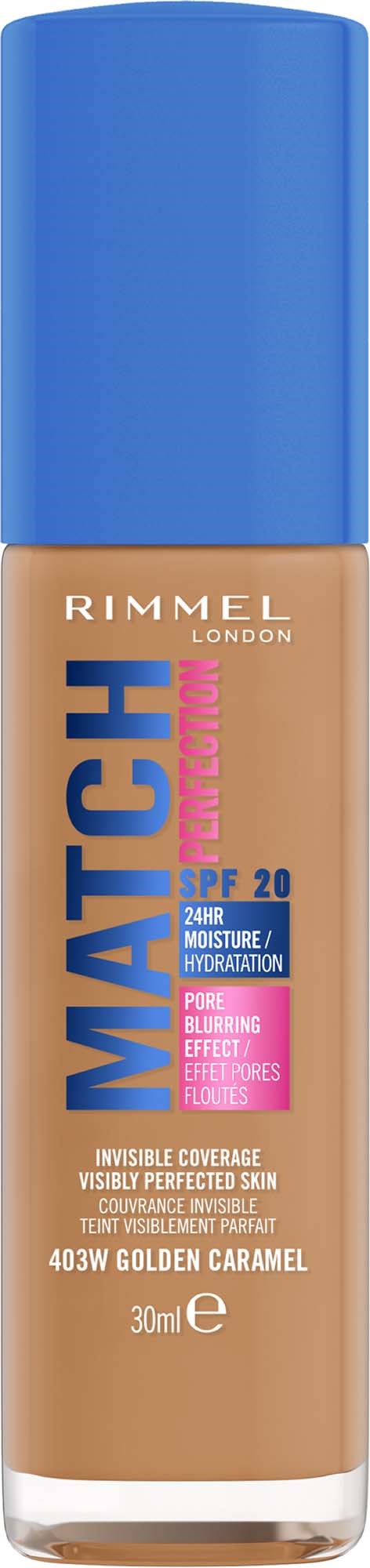 Eine Flasche Rimmel Match Perfect Foundation mit blauem Deckel, beigen Flasche und Produktdetails auf dem Etikett.