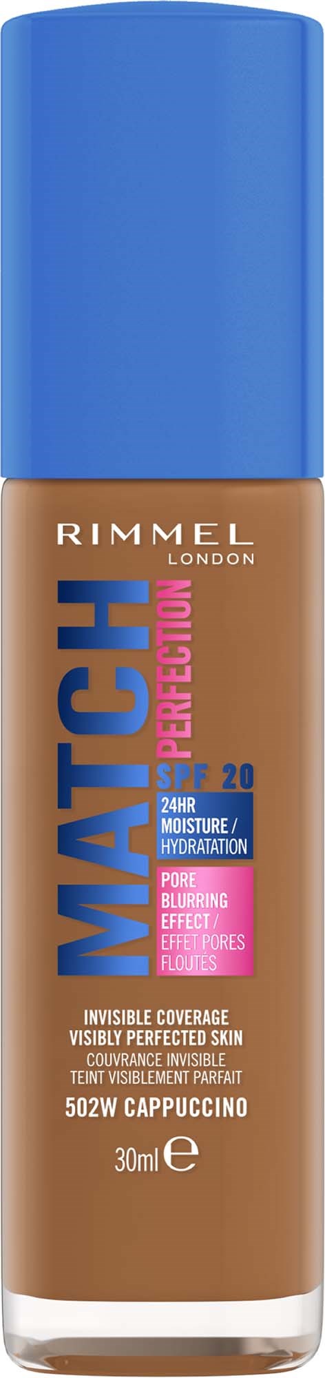 Rimmel Match Perfect Foundation in beigem Flakon mit blauer Kappe, für 24-Stunden Feuchtigkeit und Porenverdeckung.