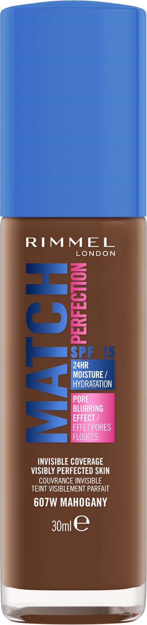 Rimmel Match Perfect Foundationflasche mit blauer Kappe, Kennzeichnung für Hautfarbe und Hydratation, 30 ml.