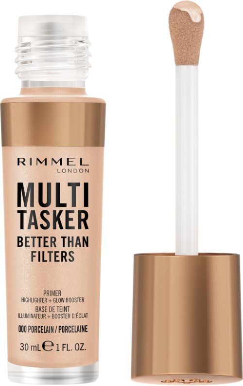 En Rimmel London makeup produkt med borste och flytande foundation kallad Multitasker i en beige flaska.