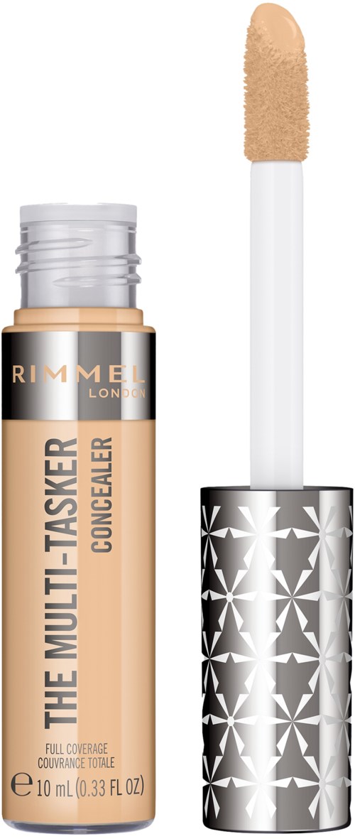 En tube med Rimmel concealedekrem med påføringspinne, beige farge, og dekorativt sølv- og hvitmønster på lokket.