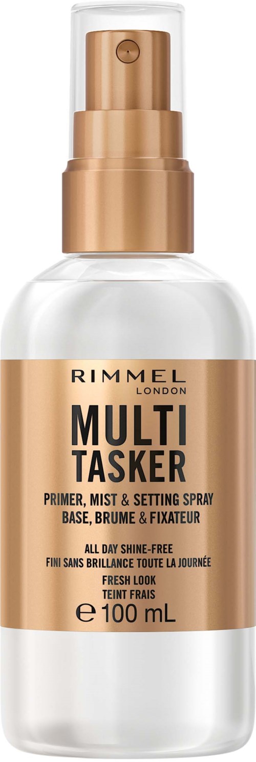 En tydlig sprayflaska med guldkapsel och etikett, innehållande Rimmel Multi Tasker primer, mist och fixeringsspray.