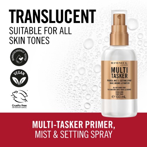 En vit sprayflaska märkt "Multi Tasker" för primer, mist och upplättningsspray, med symboler för cruelty-free, vegansk och dermatologiskt testad.