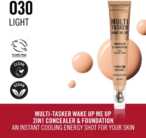 En tub med Rimmel Multi-Tasker Wake Up Me Up concealer och foundation, påstås vara cruelty-free och vegansk.