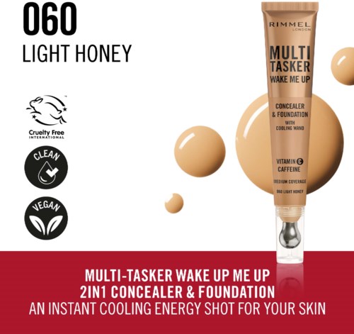 En tub med Rimmels Multi-Tasker Wake Up concealer och foundation i ljus honungsnyans. Ljusstark design med produktinformation.