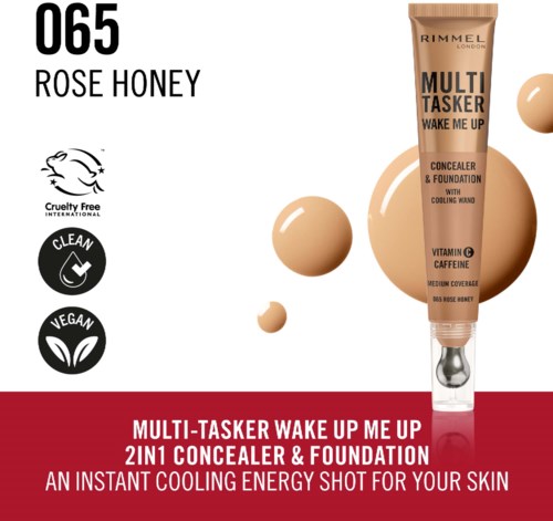 En tub med Rimmel Multi-Tasker Wake Up concealer och foundation i naturbeige, med ikoner för cruelty-free, vegan och clean.