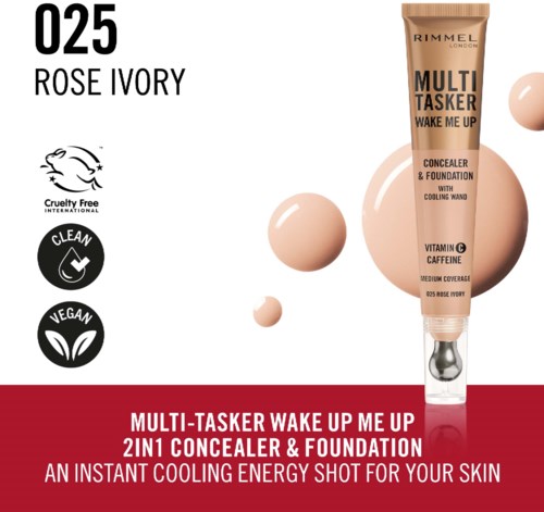 En tub med Rimmel Multi-Tasker Wake Up concealer och foundation med pump, märkning 025 Rose Ivory.