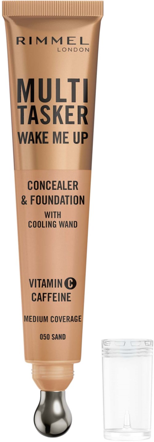 Röra av concealer och foundation med svalkande stav, märkt Rimmel Multi Tasker, vitamin C, koffein, medium täckning.