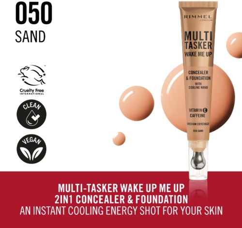 Rimmel Multi-Tasker Wake Up Make Up concealer och foundation med kylande effekt, solskydd, samt vegan- och djurförsök-fri märkning.