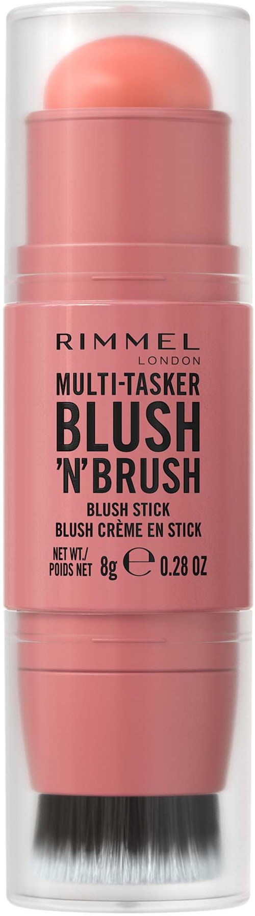 Rosa blushestift med børste, merket Rimmel London Multi-Tasker Blush 'N' Brush.