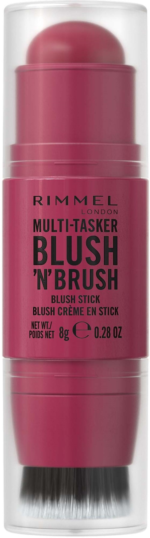en rosa makeup-stift med børste og gjennomsiktig hette, merket Rimmel blush og brush.