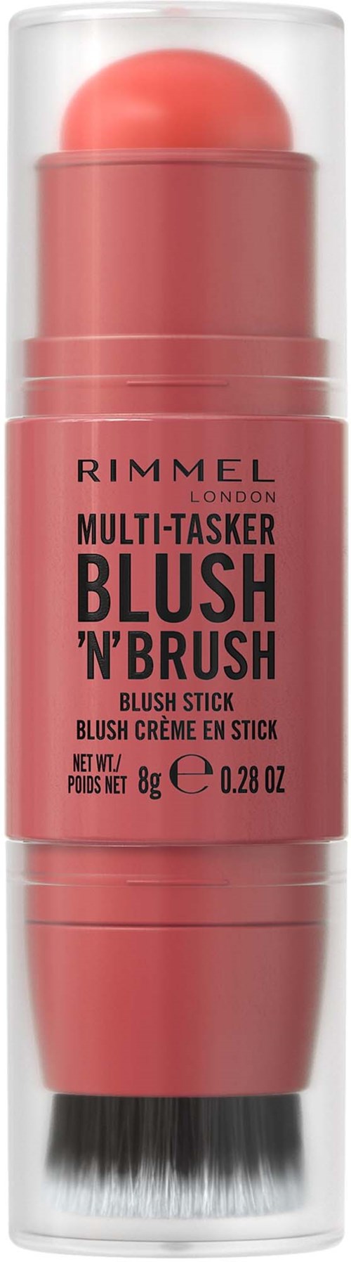 En rosa blushstift med svart børstehode og gjennomsiktig topp, merket Rimmel London Multi-Tasker Blush 'N' Brush.