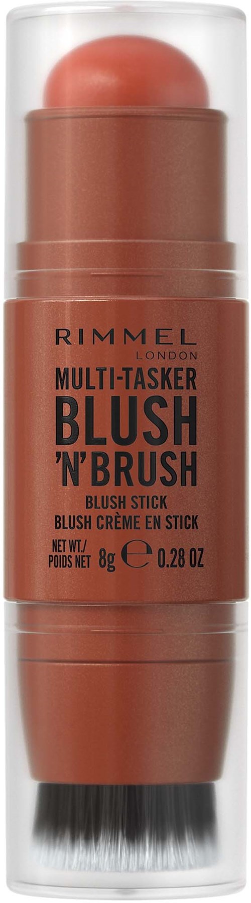En sminkestift med rund blush og en svart børste nederst i et gjennomsiktig deksel.